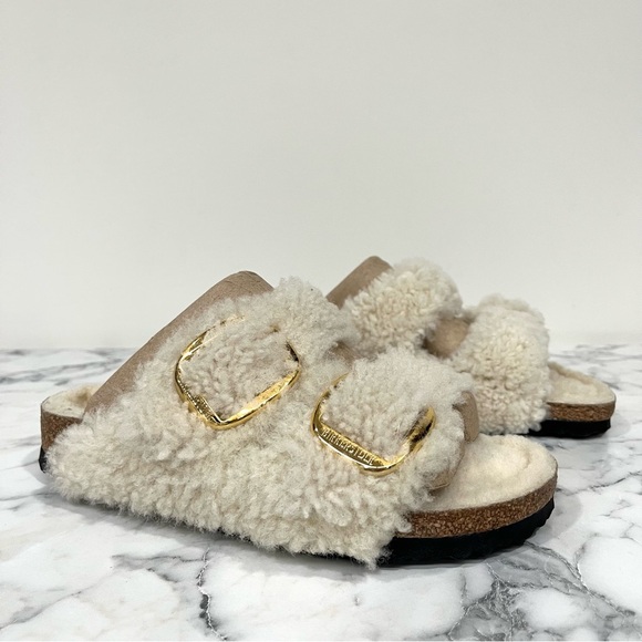 Birkenstock Arizona Gold Big Buckle Shearling Teddy Slide Sandals Cream Size 6 - Picture 5 of 16
